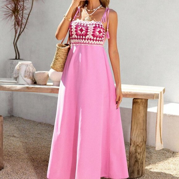 Pink Boho Women's Crochet Splice Spaghetti Strap Maxi Dress - Picture 2 of 7